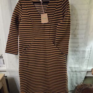 Boden Navy and Tan Striped Long Sleeve Dress